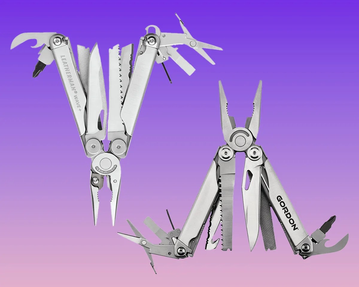 Gordon 20 in 1 Multi Tool side-by-side with Leatherman Wave+ on purple-pink background
