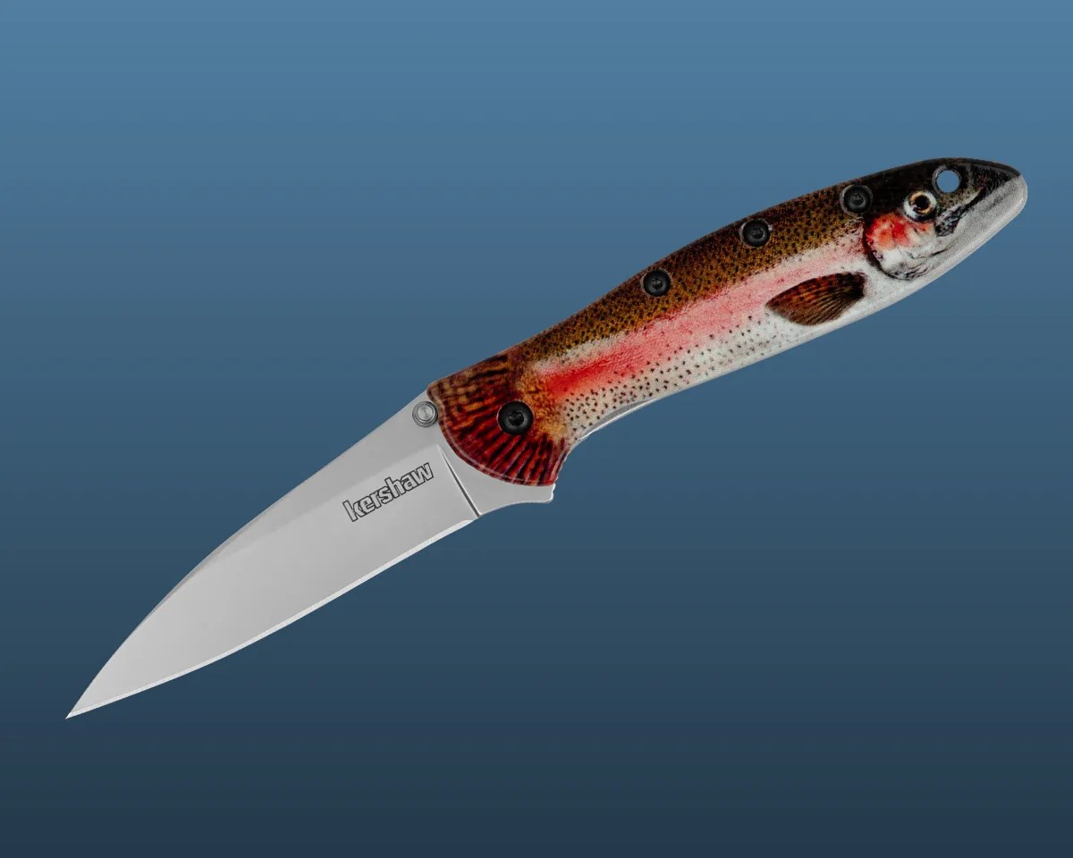 Kershaw Leek Rainbow Trout knife on blue background