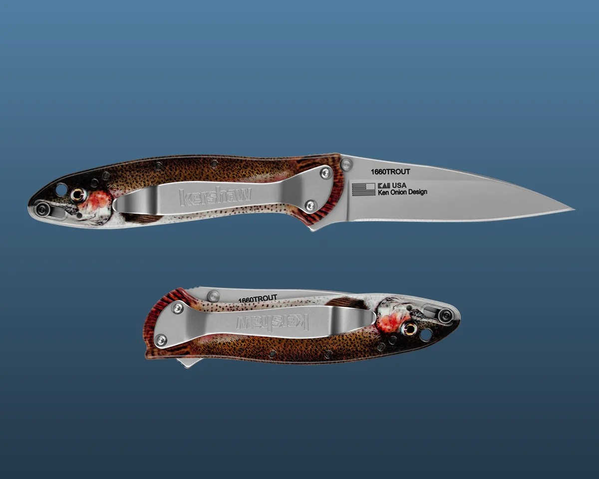 two Kershaw Leek Rainbow Trout knives on blue background, one closed, one open