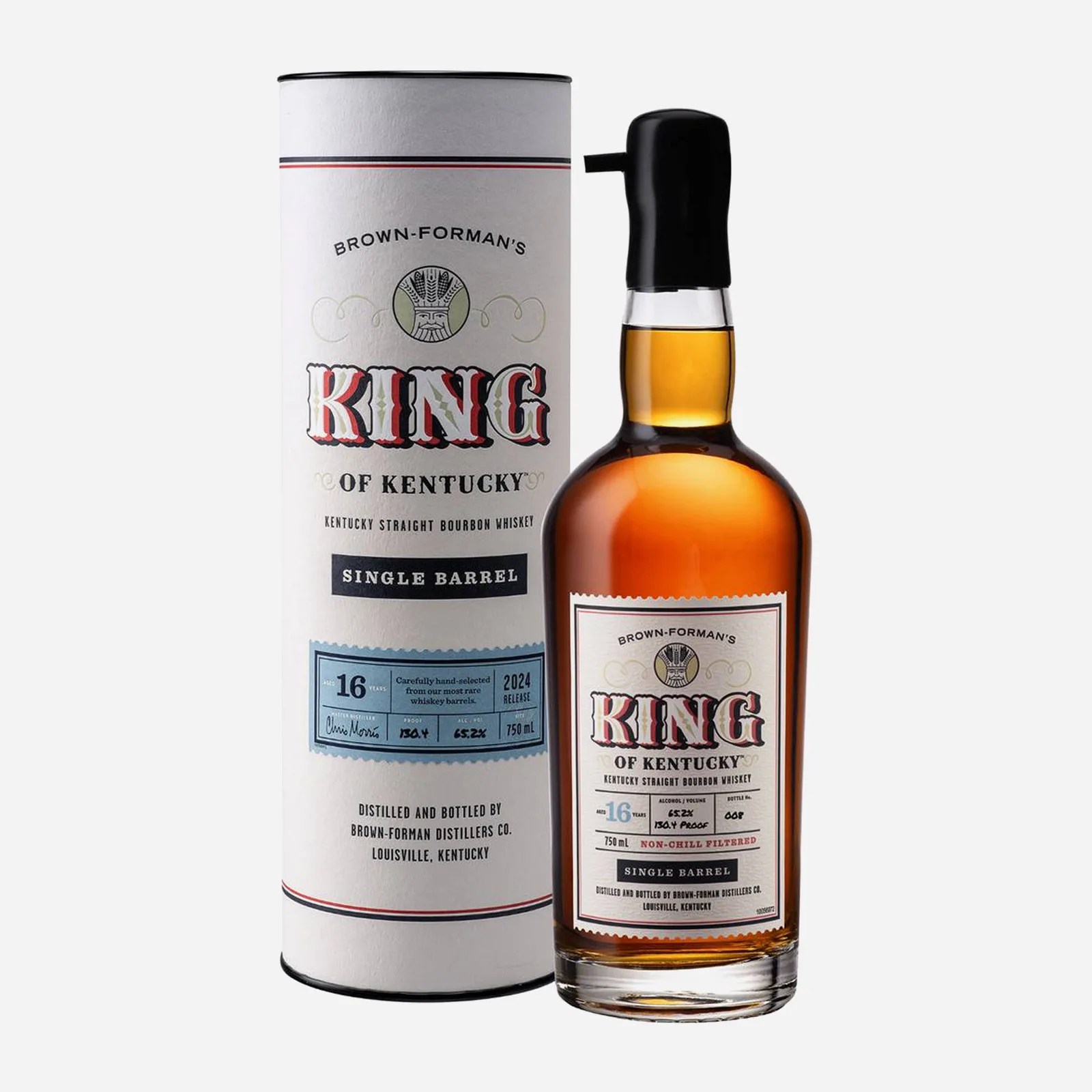 A bottle of 2024 King of Kentucky Bourbon with its retail packaging cylinder sitting to the bottle's left. Both objects are shown against a light grey background. 