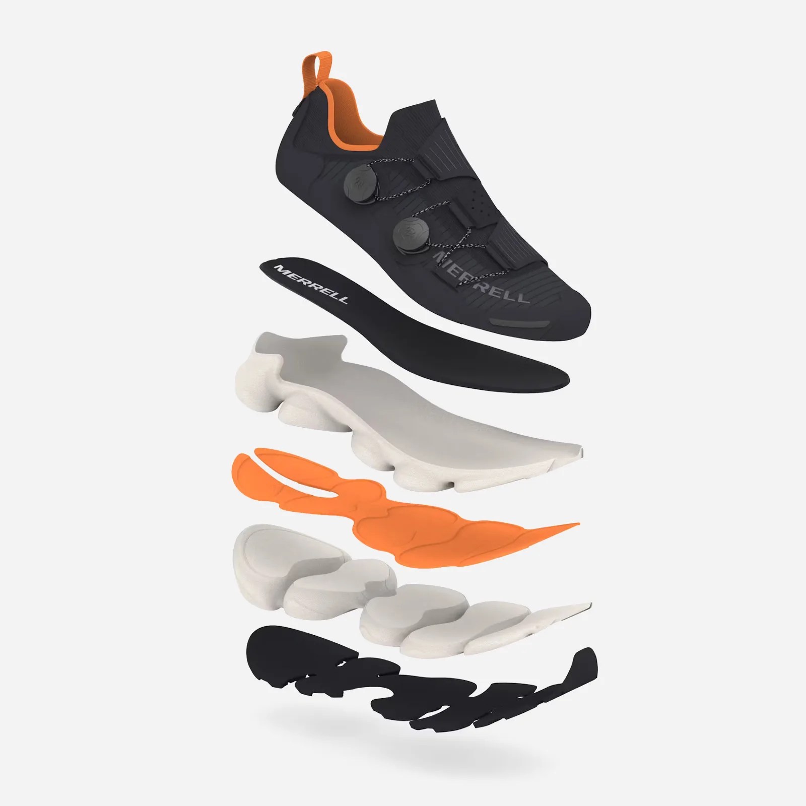 A single Merrell SpeedARC Surge BOA shoe shown split into various construction layers to highlight the various parts including the upper and midsole foam. The graphic is shown against a light grey background.