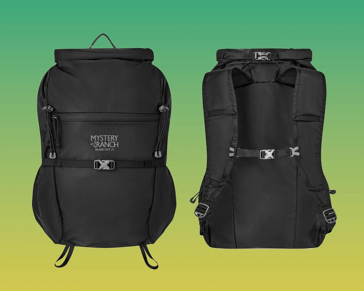 Mystery Ranch In and Out 25 backpack on green-yellow gradient background