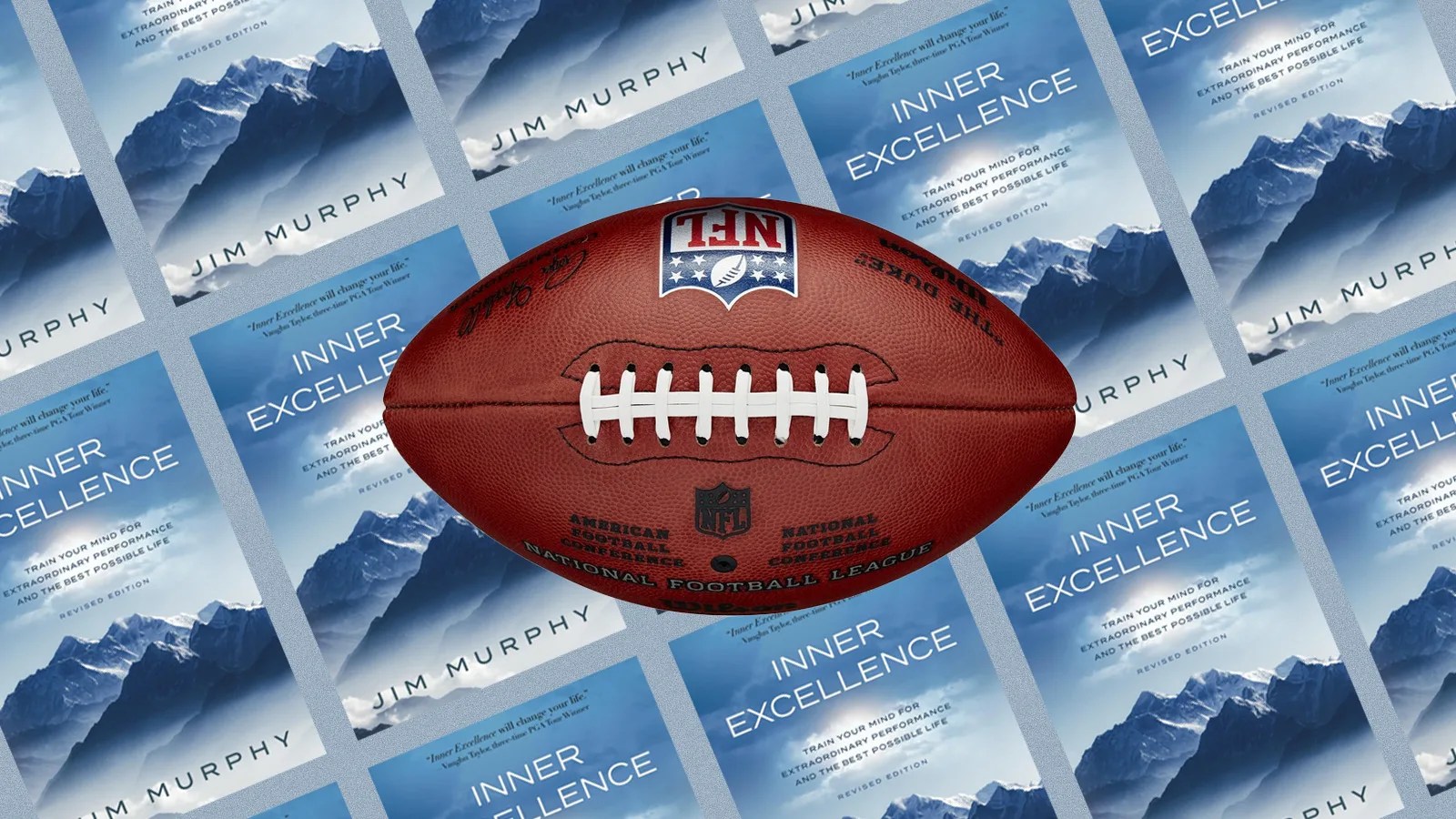 A photo collage showing the cover of Inner Excellence ordered in a grid. A Wilson NFL football is shown on top of the book grid.