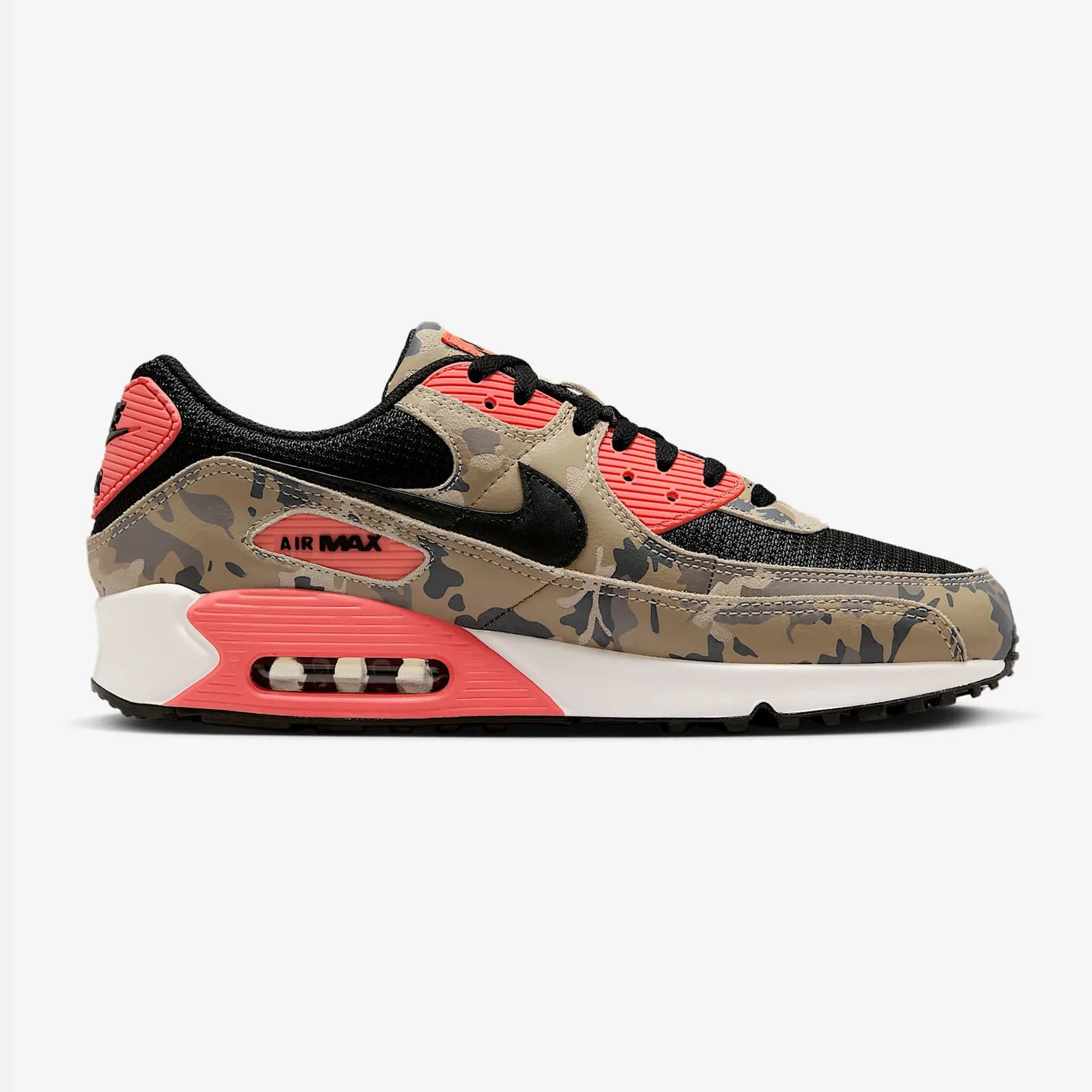 A single Nike Air Max 90 in Magic Ember Camo shown in profile with the toe facing the right edge of the image. 