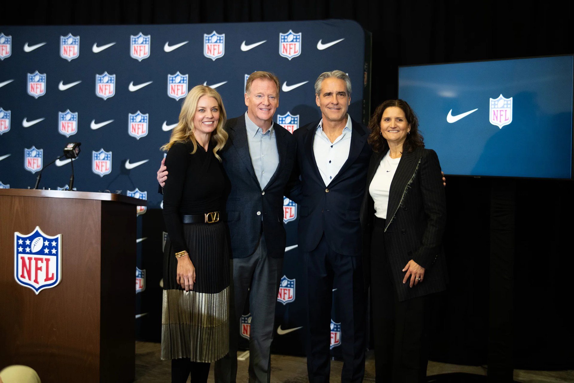 Renie Anderson, Executive Vice President/Chief Revenue Officer, NFL; Roger Goodell, Commissioner, NFL; Elliott Hill, President & CEO, NIKE, Inc.; and Ann Miller, Executive Vice President, Global Sports Marketing, NIKE, Inc., at the announcement of a landmark 10-year partnership extension between NIKE, Inc. and the NFL.
