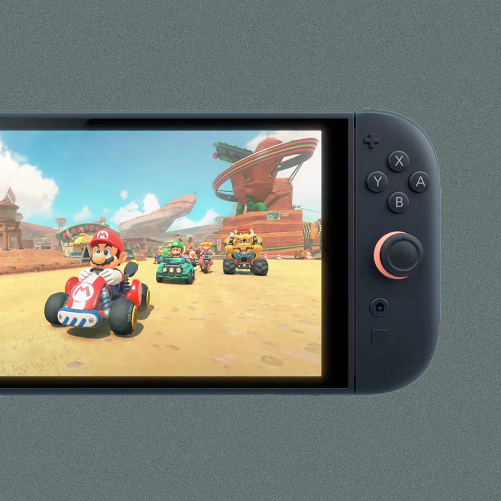 The right hand side of the Nintendo Switch 2 with a screen shot of Mario Kart on the screen. 