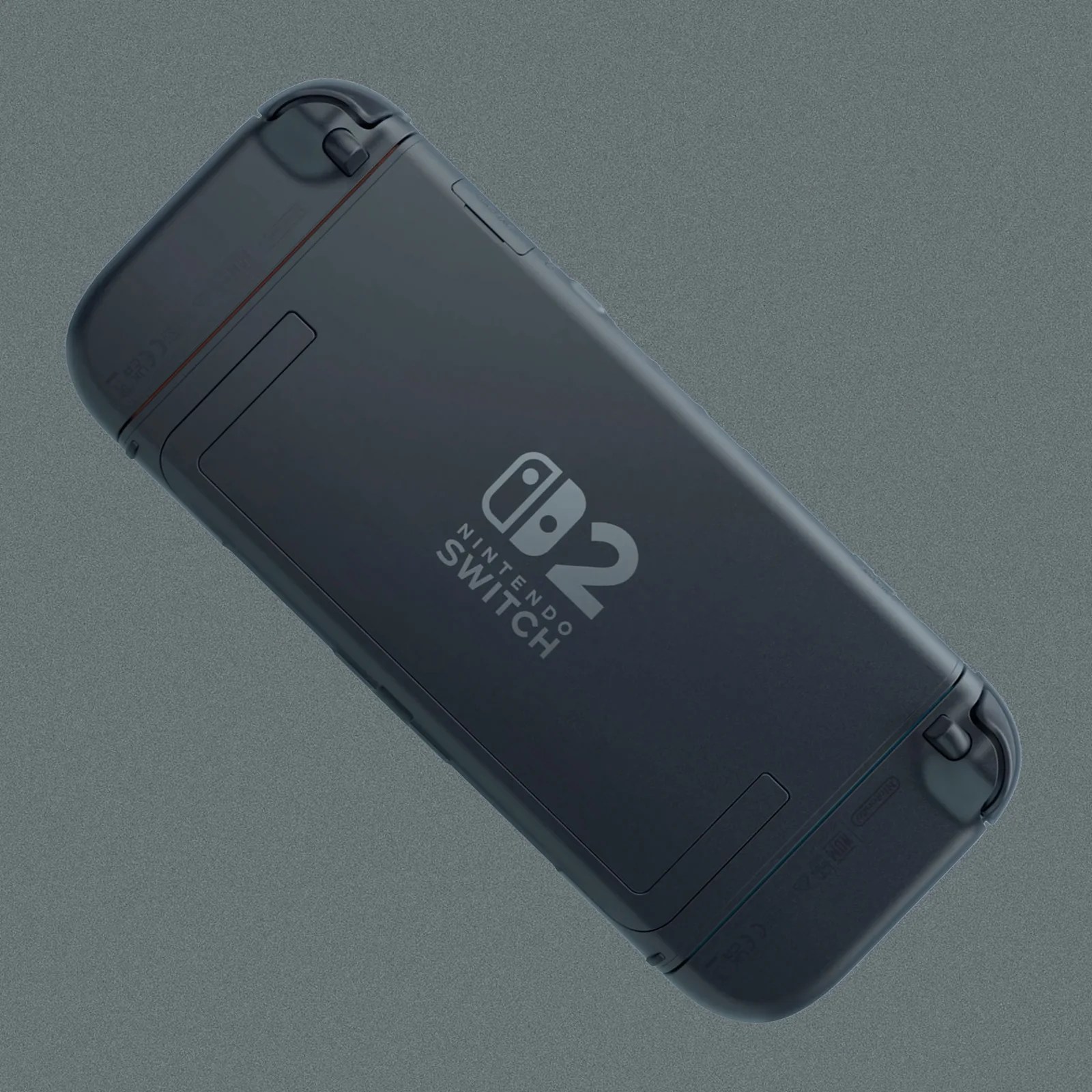 The back of the Nintendo Switch 2 shown floating at angle against a dark grey background. 