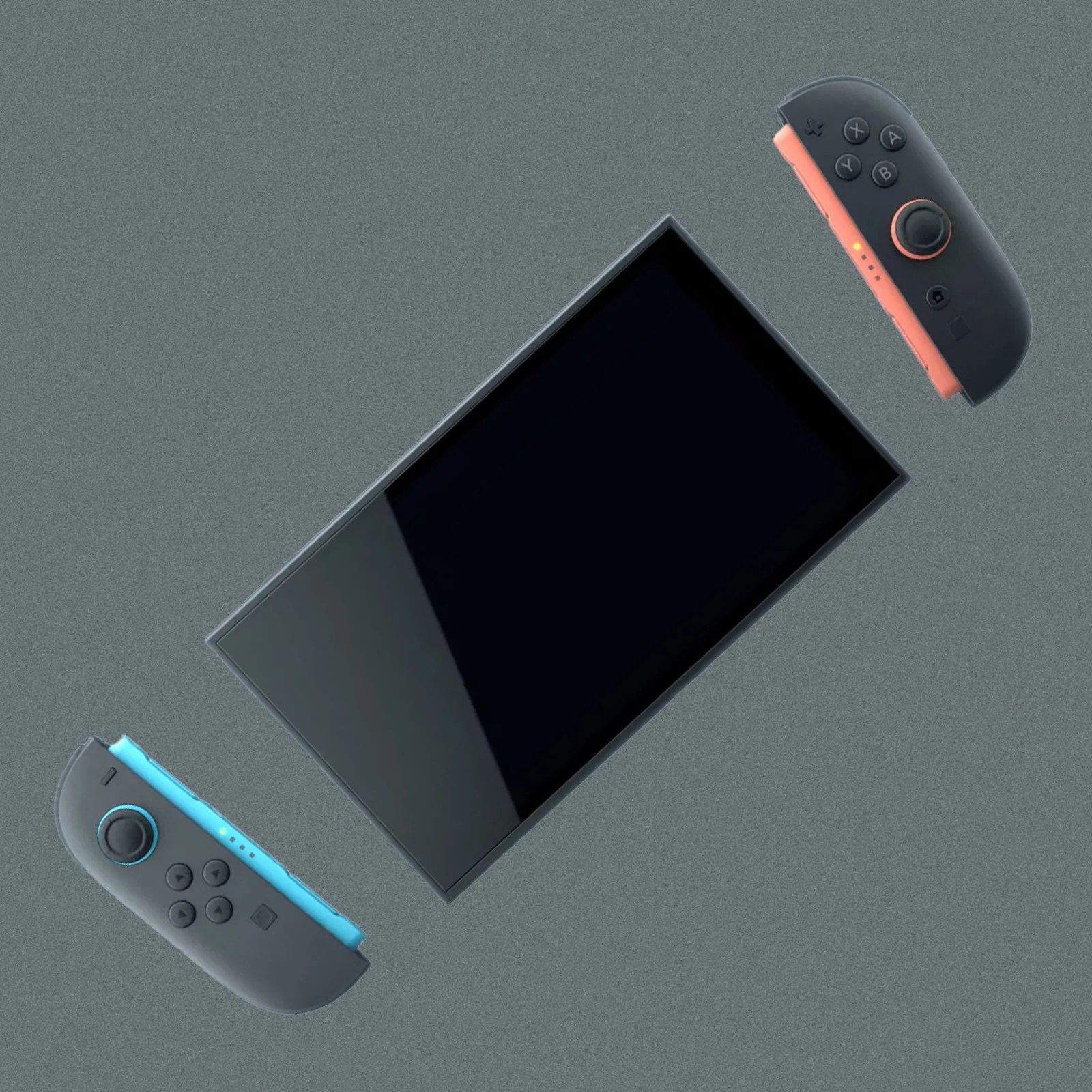 The Nintendo Switch 2 shown with both joy-cons detached. The system and controllers are shown positioned diagonally stretching from the left bottom corner to the button right corner. All of the components are shown against a dark grey background. 