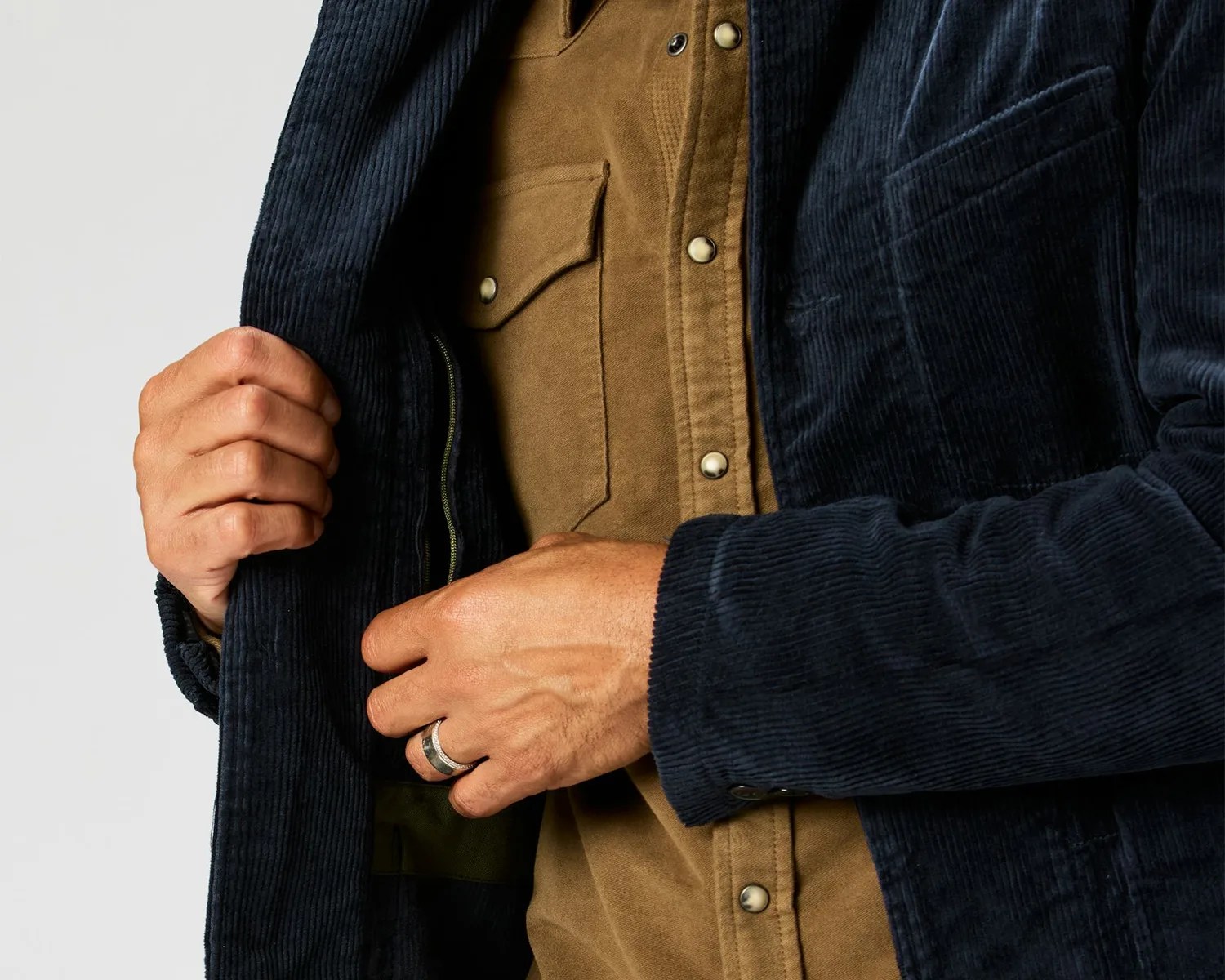 a man zipping the inner pocket of his jacket