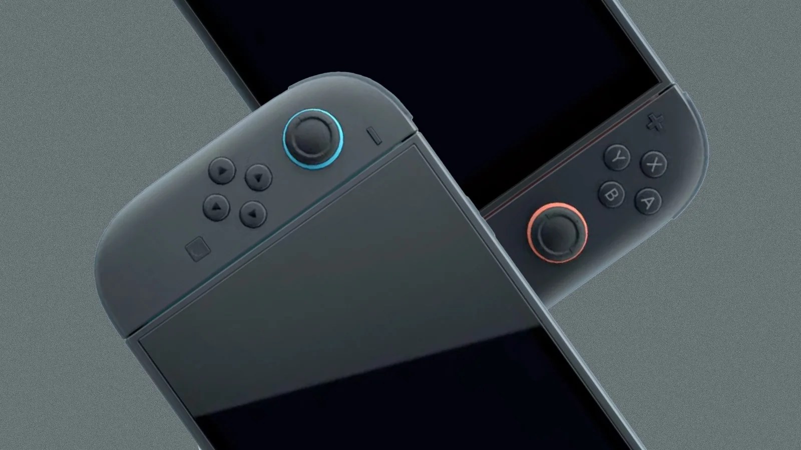 The left and right hand side of the Nintendo Switch 2 show at an angles overlapping each other against a dark grey background.