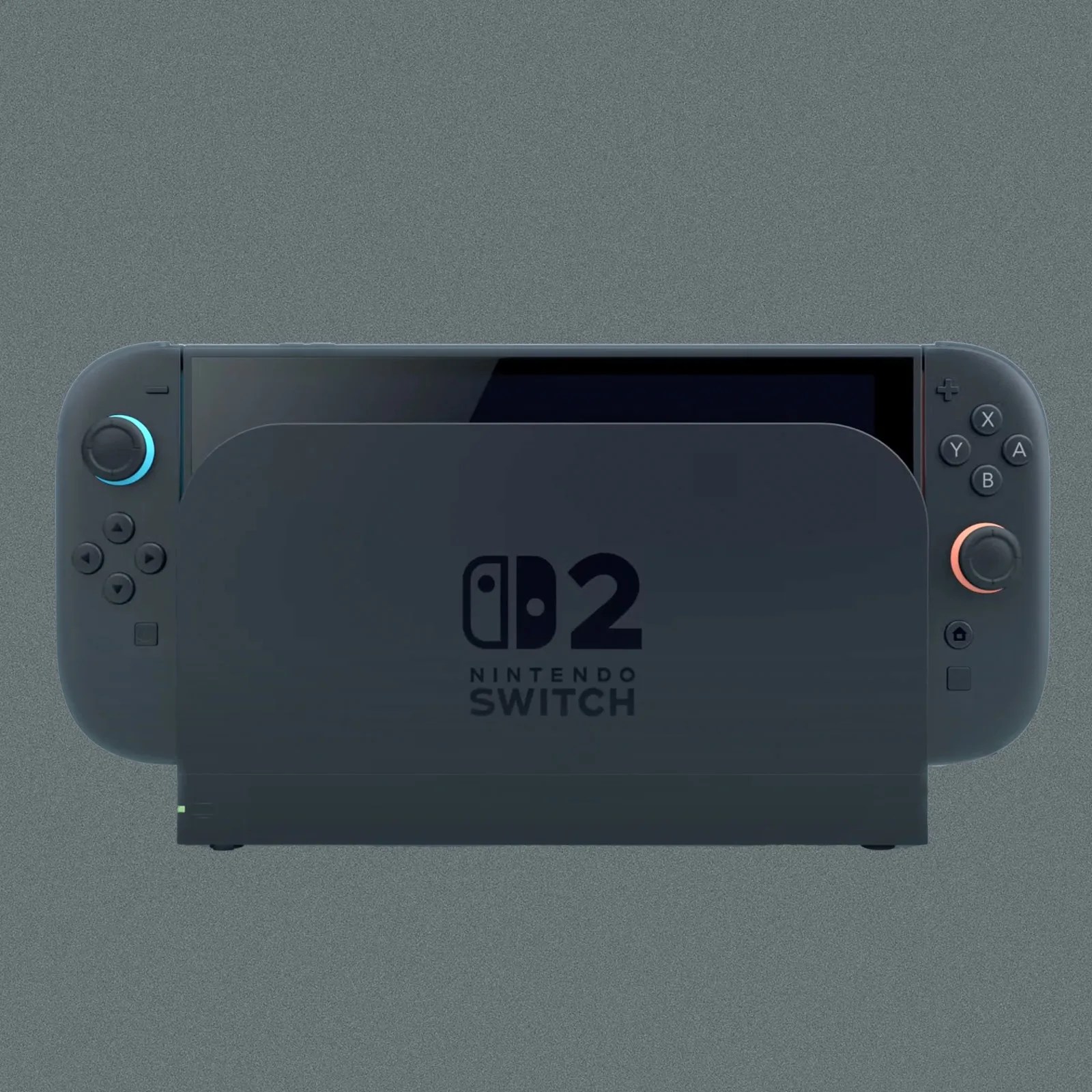 The Nintendo Switch 2 in its dock on a grey background