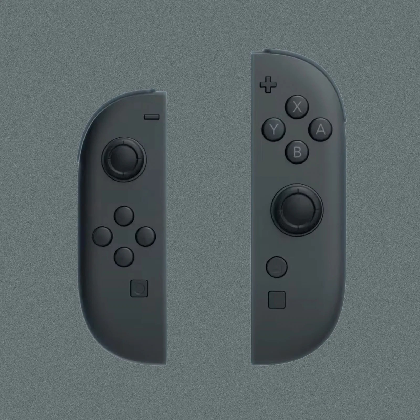 A Nintendo Switch 2 left and right joy-con in grey shown against a grey background. the joy-con on the left is sized to match the original Switch joy-con size, while the version on the right shows the Switch 2 joy-con's actual size. 