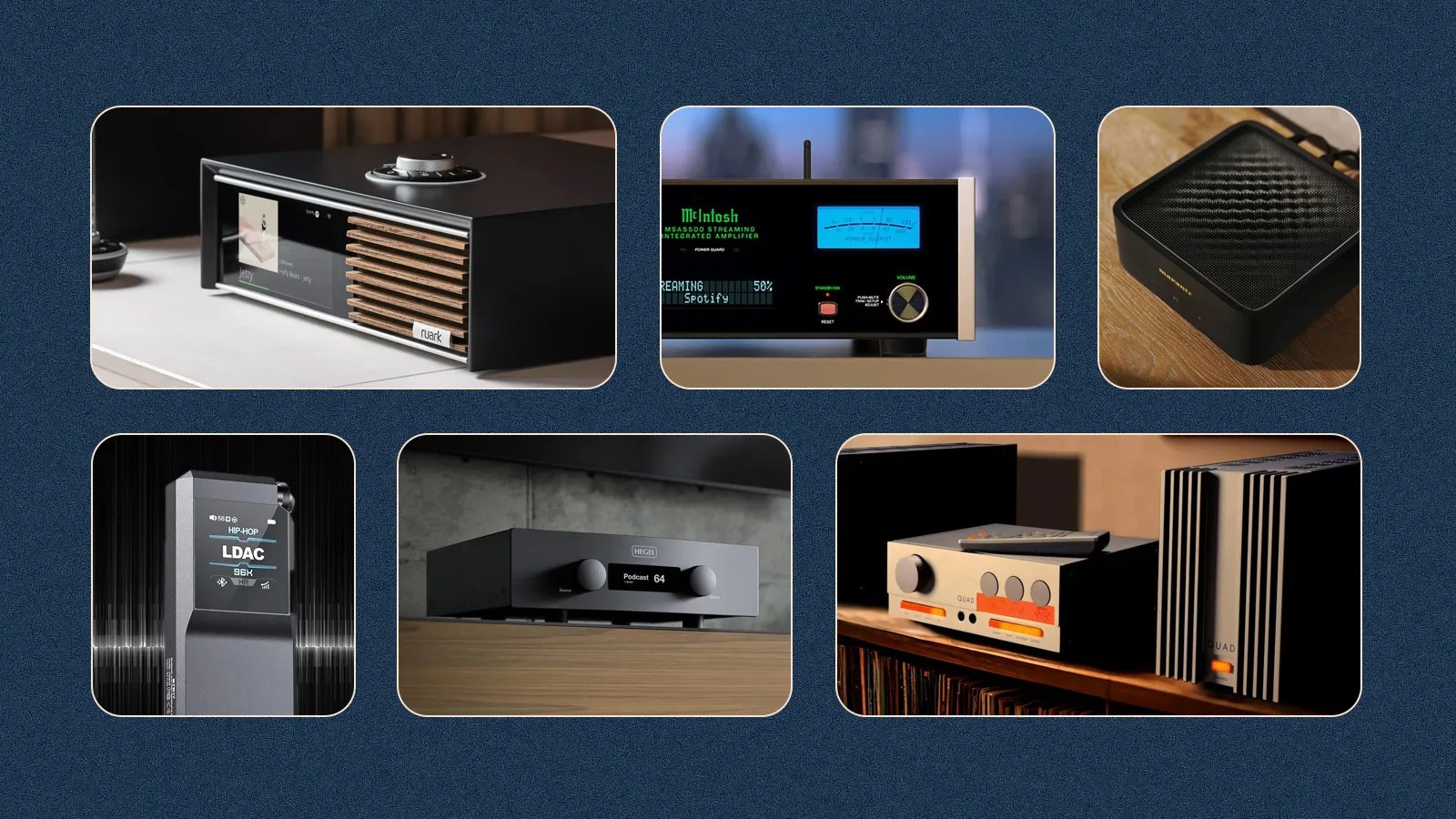 A grid of six rectangles with curved corners against a navy blue background with speckles. The rectangles include glimpses of lifestyle photos of amps, streaming media players and other Hi-Fi components that launched in 2024
