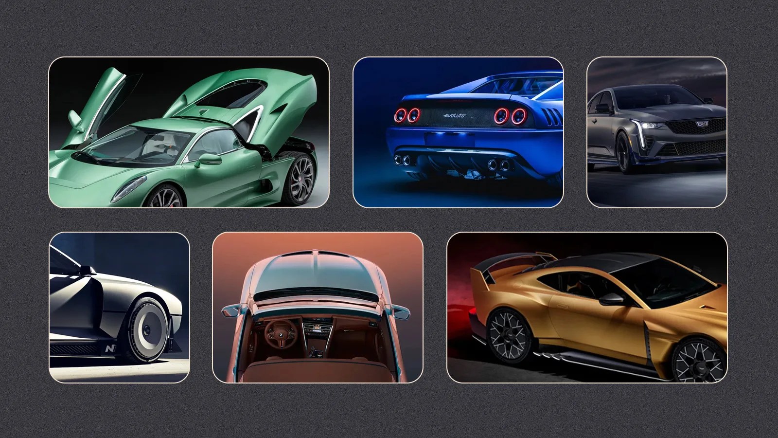 A grid of six rectangles with curved corners against a grey background with speckles. The rectangles include glimpses of lifestyle photos of supercars and concept cars that launched in 2024