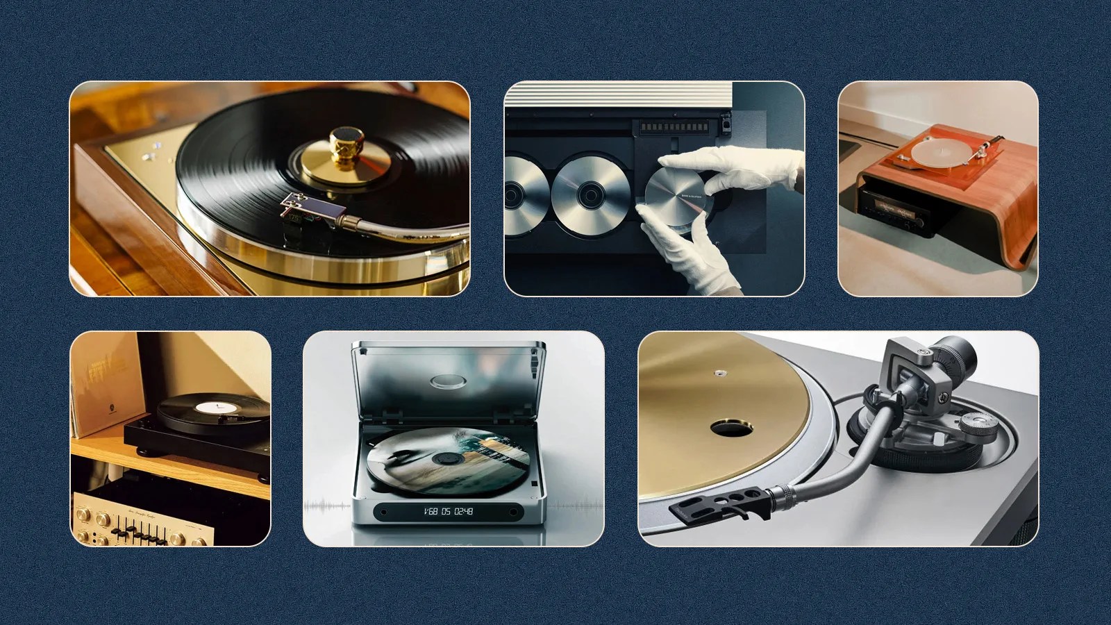 A grid of six rectangles with curved corners against a navy blue background with speckles. The rectangles include glimpses of lifestyle photos of turntables and CD players that launched in 2024