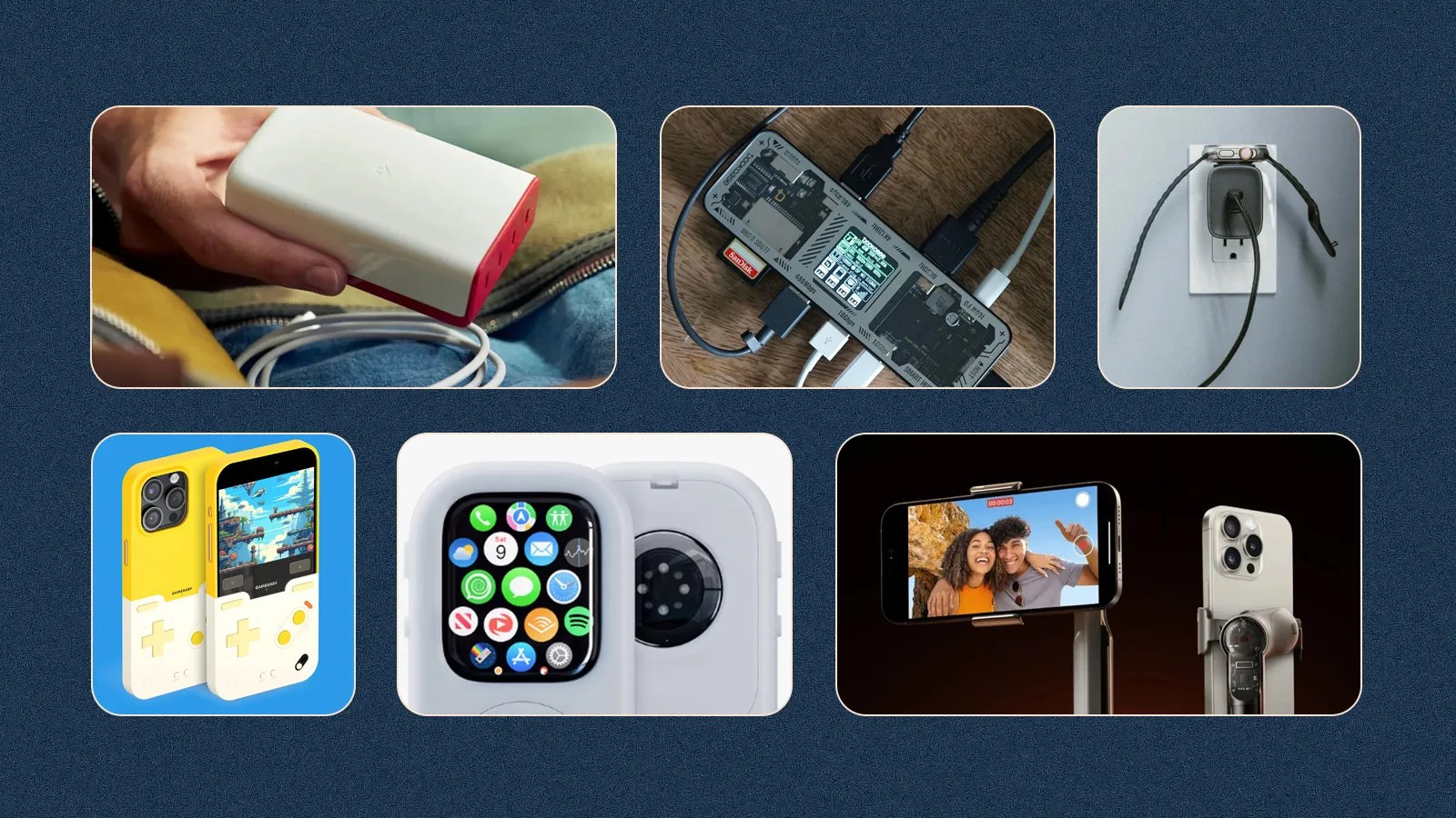 A grid of six rectangles with curved corners against a navy blue background with speckles. The rectangles include glimpses of lifestyle photos of power banks, battery packs, tracking tags and other Apple Watch, iPhone and Mac Accessories that launched in 2024