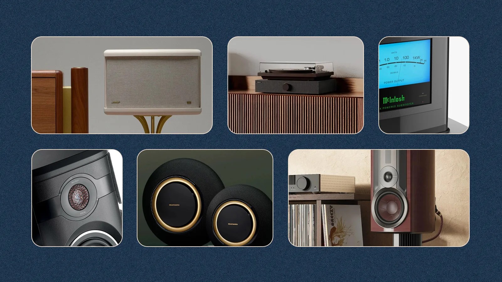 A grid of six rectangles with curved corners against a navy blue background with speckles. The rectangles include glimpses of lifestyle photos of speakers and soundbars that launched in 2024