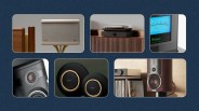 A grid of six rectangles with curved corners against a navy blue background with speckles. The rectangles include glimpses of lifestyle photos of speakers and soundbars that launched in 2024