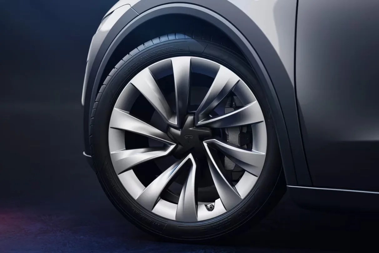 A close up of the new wheel package found on the updated 2025 Tesla Model Y