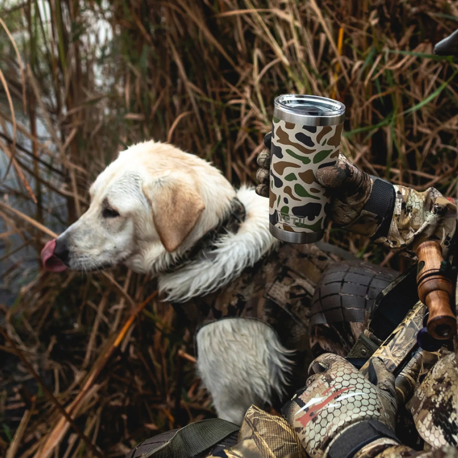 A person dressed in duck hunting gear sitting in a duck bling next to a wet hunting dog. The individuals hand is shown holding a Yeti Rambler in Tan Camo