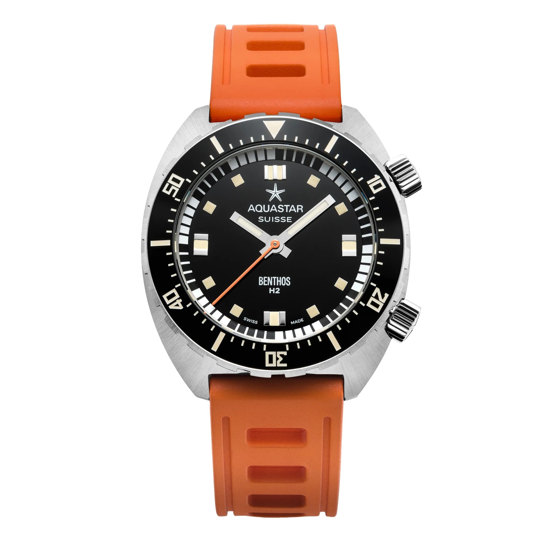 an aquastar dive watch with an orange strap