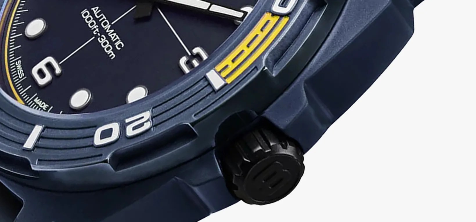 close up on the crown and bezel on a Bamford d-300 dive watch