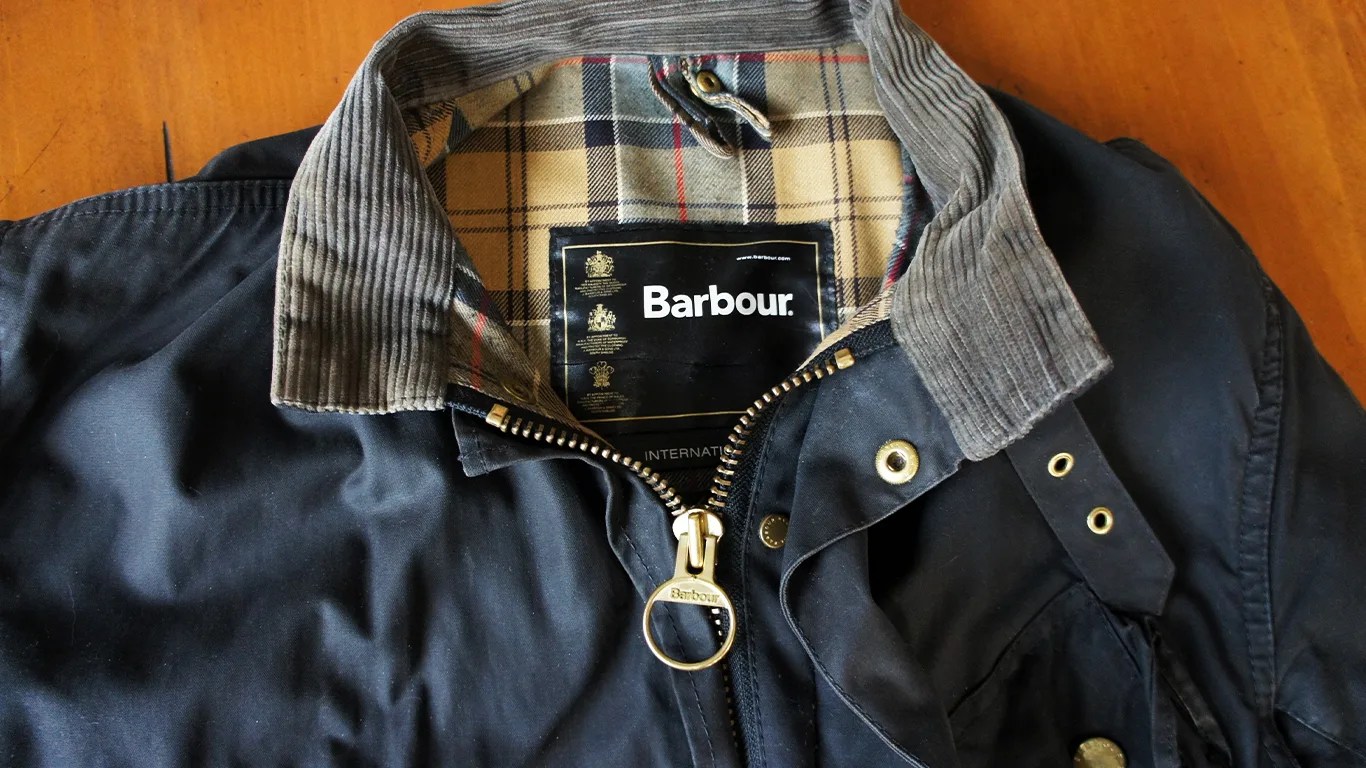 a closeup of a barbour waxed jacket collar