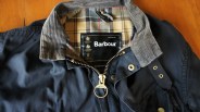 a closeup of a barbour waxed jacket collar