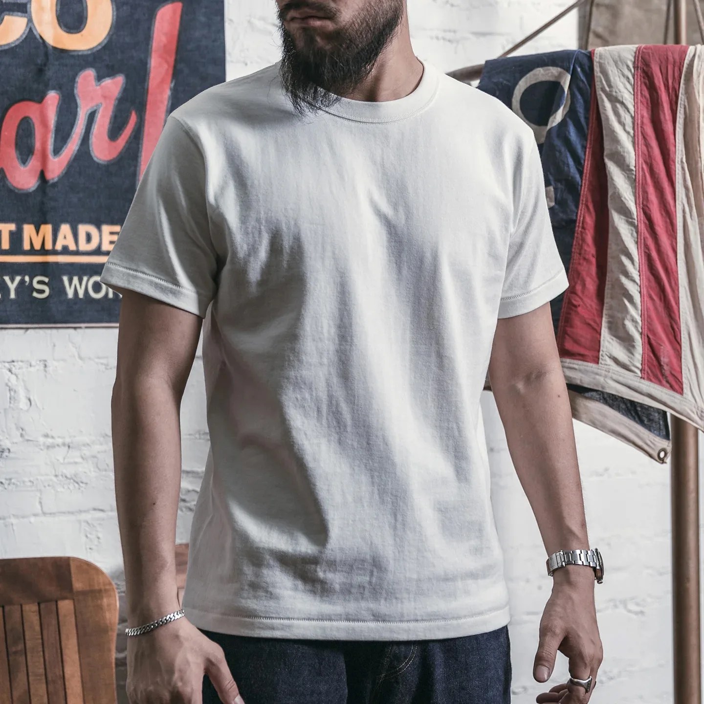 a man with a beard wearing a white t-shirt