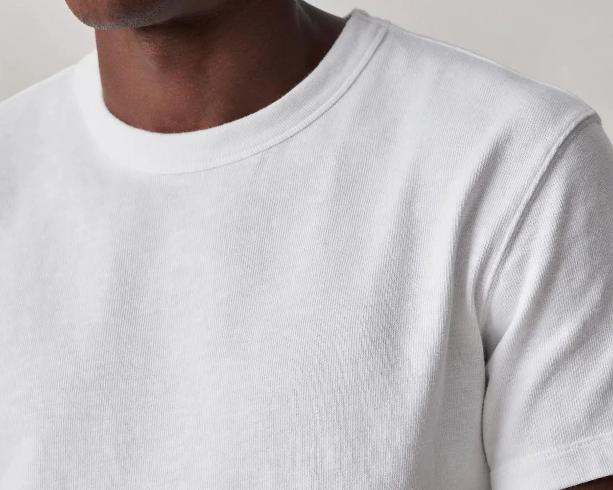 close up of the neck and sleeve of a white t-shirt