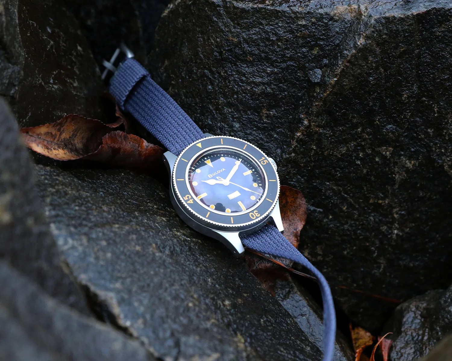 a bulova dive watch on some rocks outside