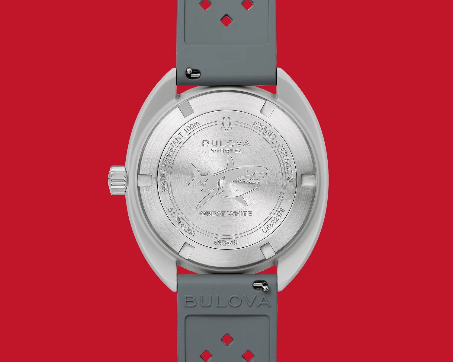 the caseback of a Bulova dive watch showing a shark