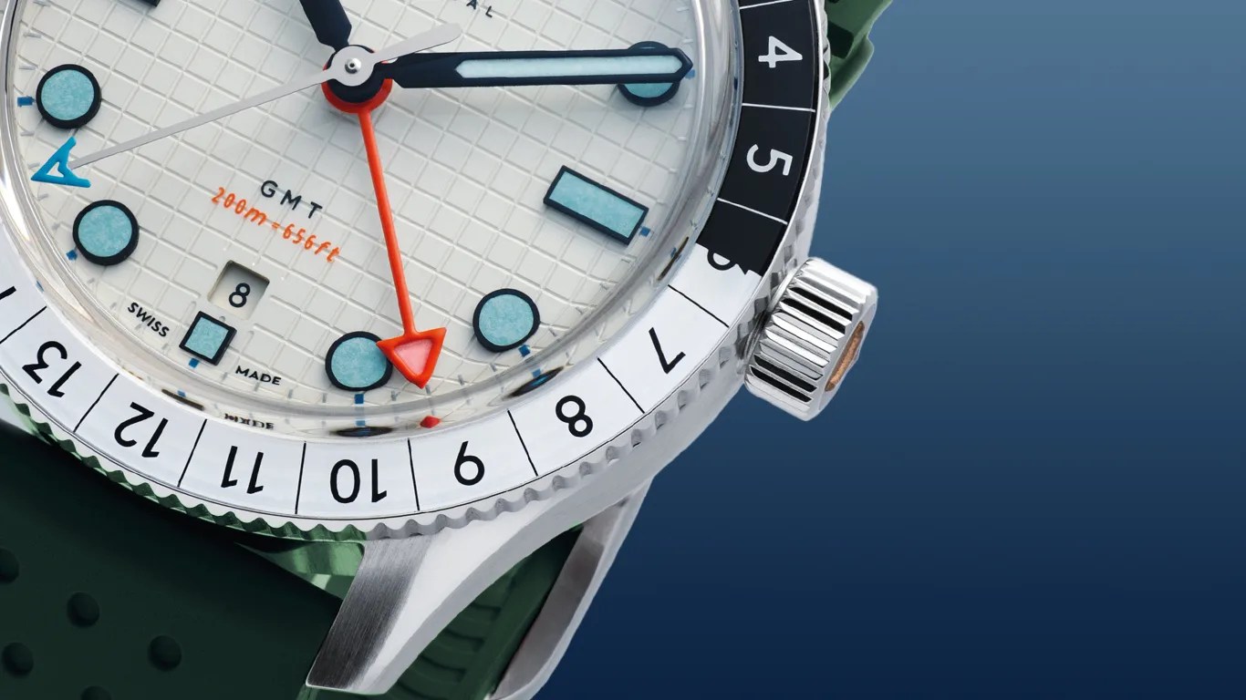 a closeup of a farer gmt watch dial