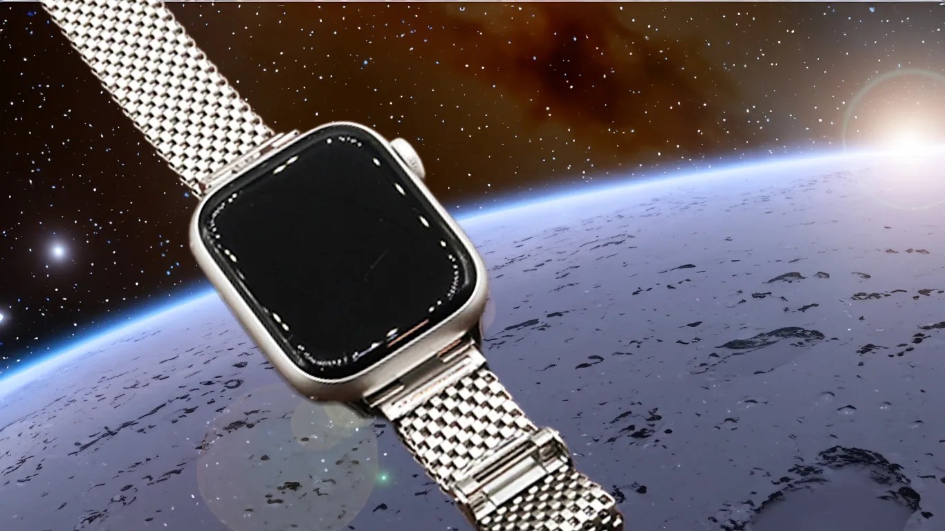 an apple watch on a forstner bracelet floats in outer space
