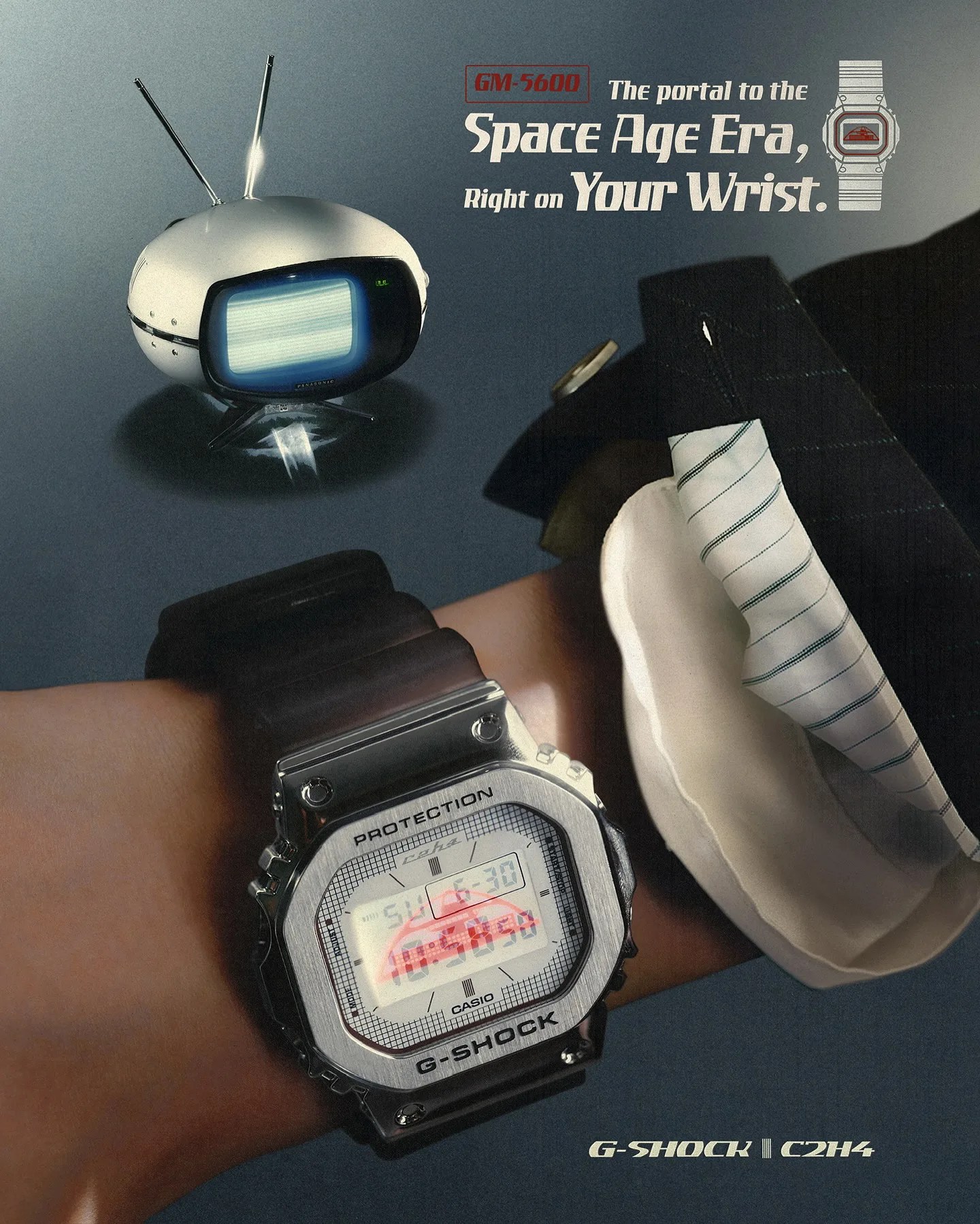 an ad showing a g shock watch on a persons wrist with a space age tv in the background