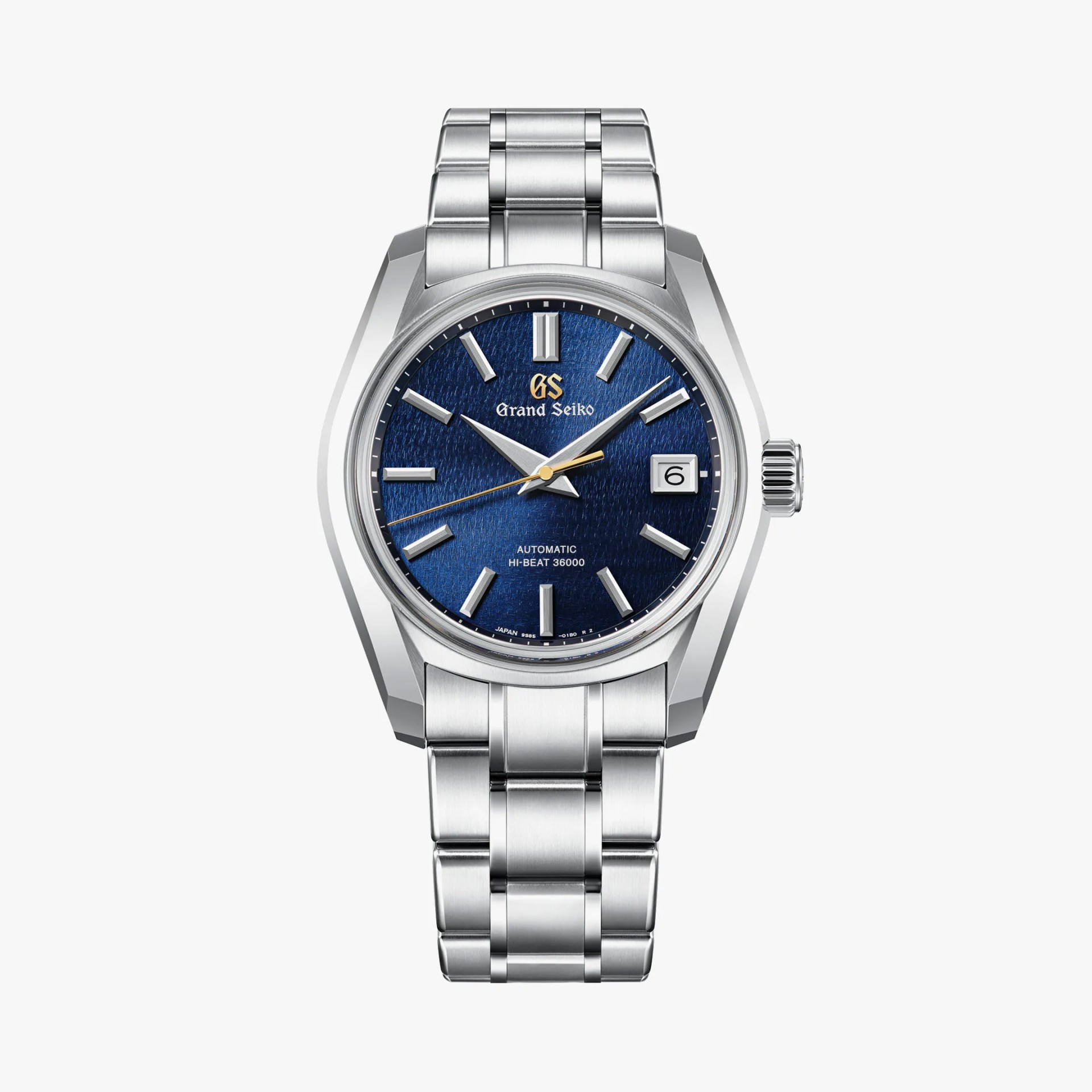 A steel watch with a blue dial
