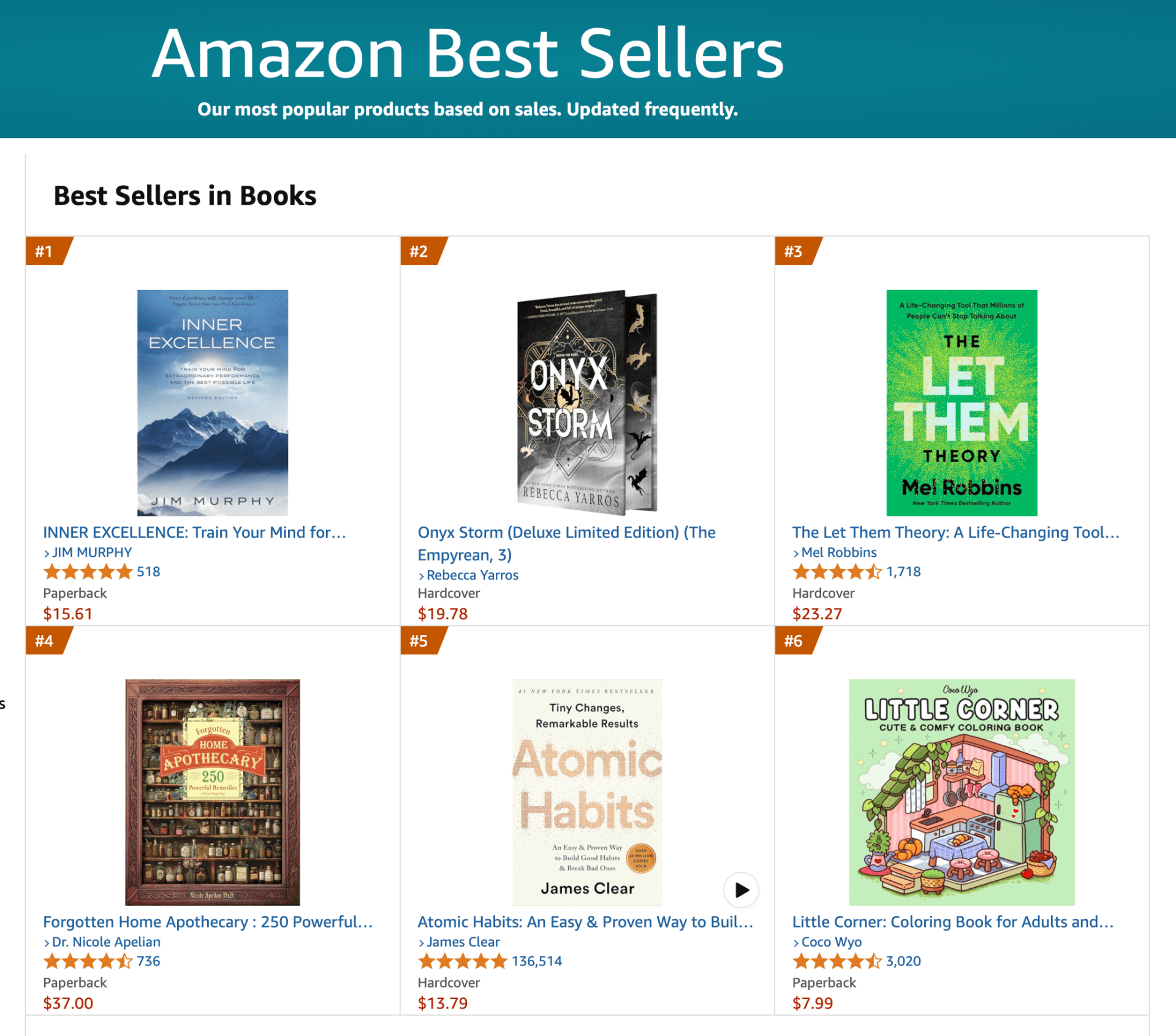 A screenshot of Amazon's current best seller list showing the book Inner Excellence in the top position