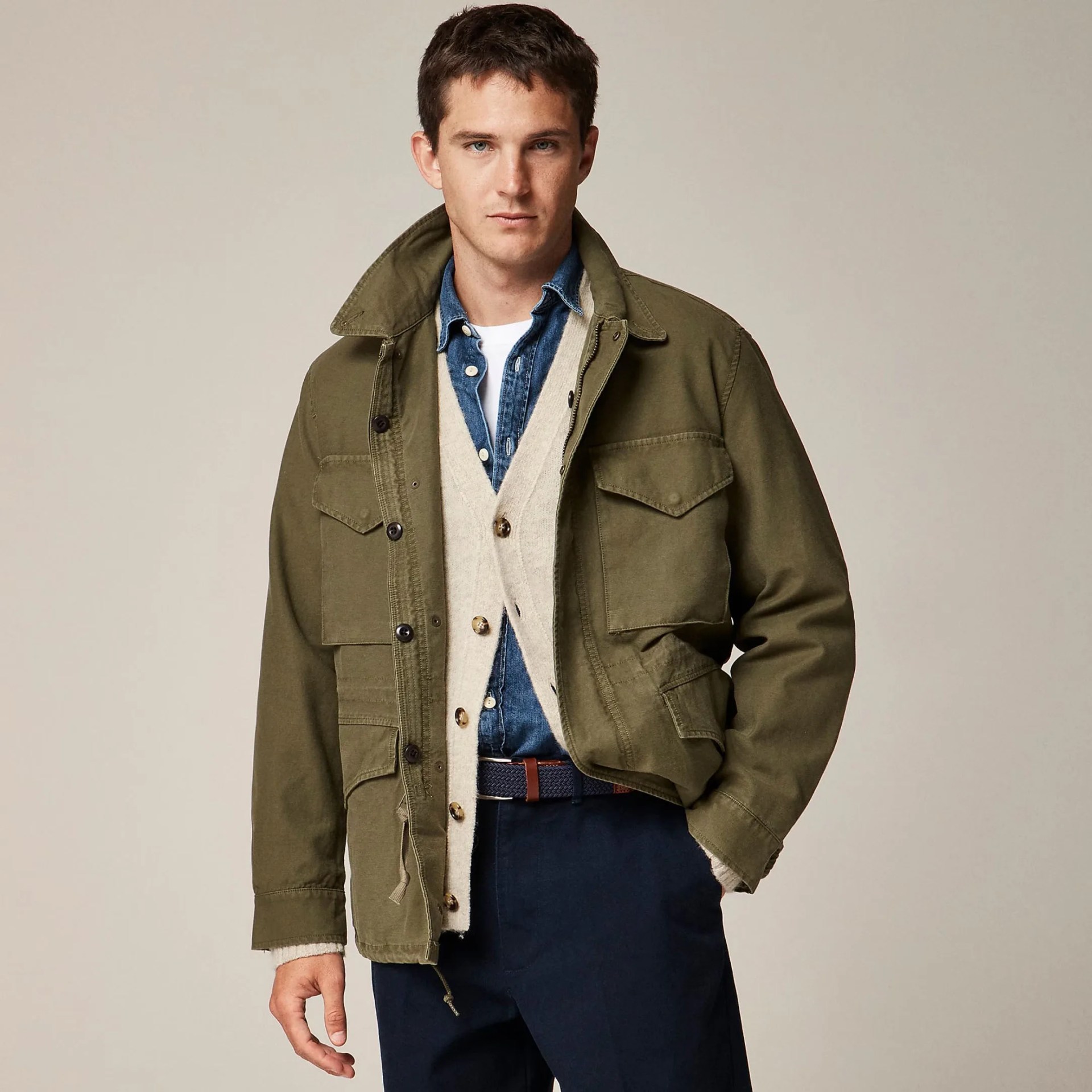 a man in an olive j crew m 65 jacket