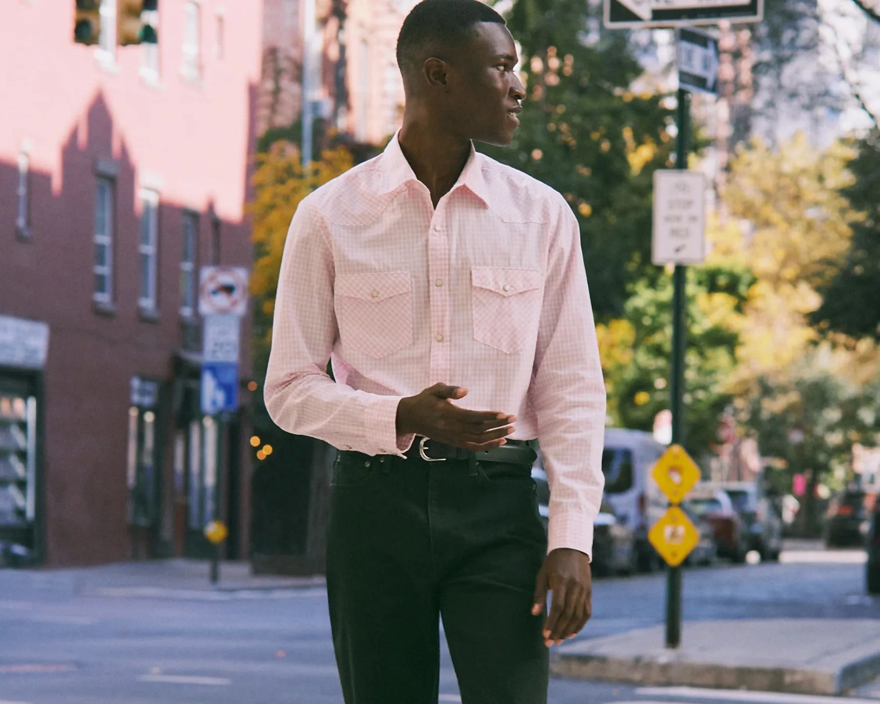 a man in a pink j crew secret wash western shirt