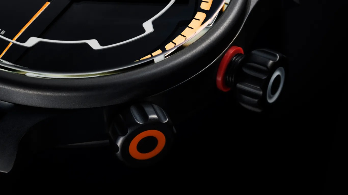 a closeup of the crowns on a ming dive watch