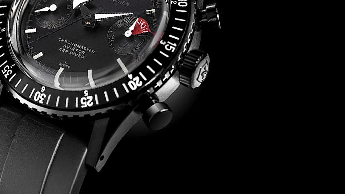 a closeup of a black nivada chronograph watch