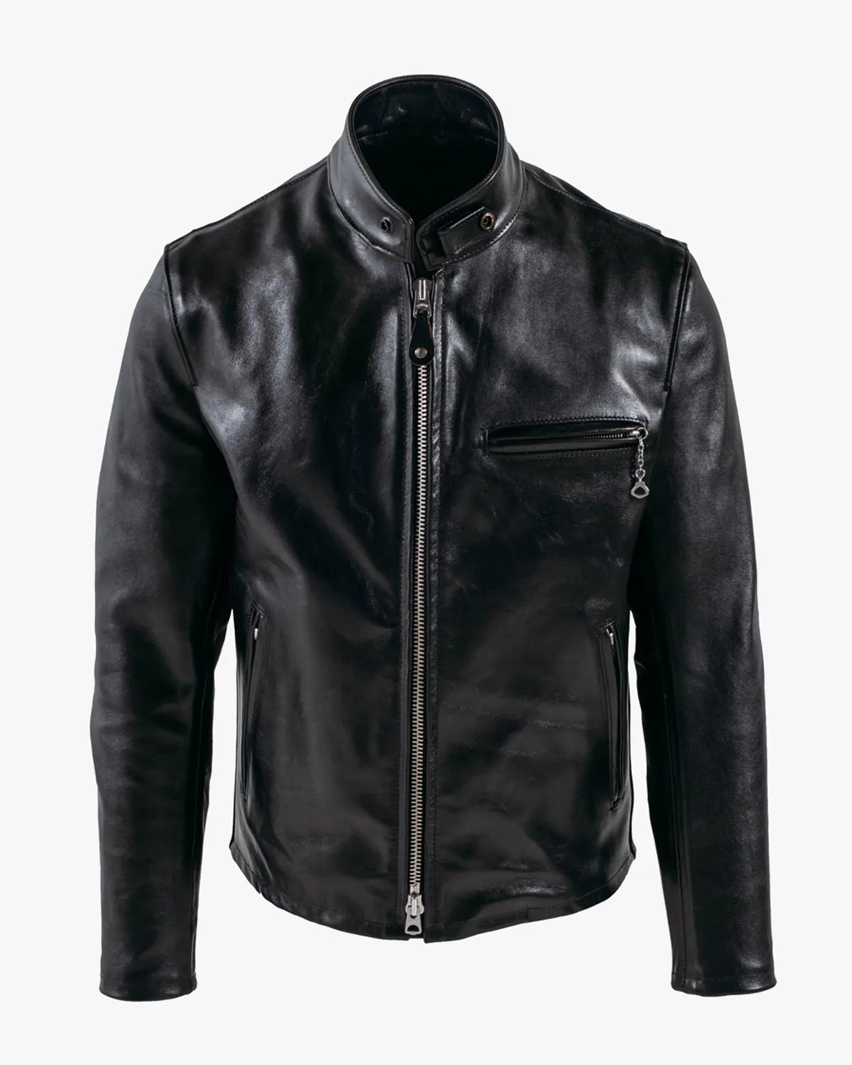 a black leather cafe racer motorcycle jacket