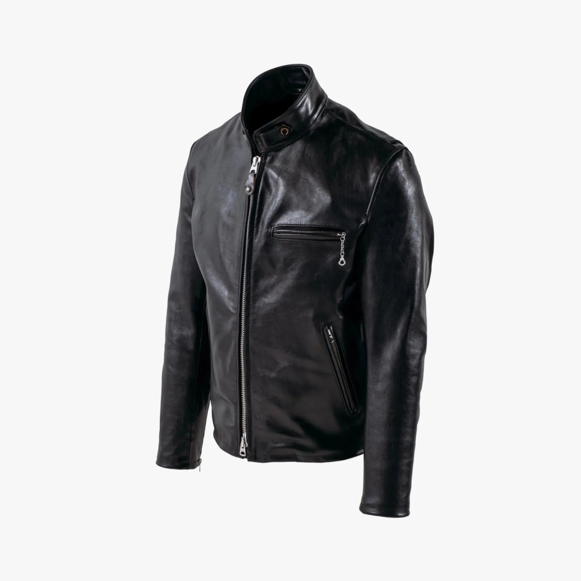 a Schott Cafe Racer black leather jacket.