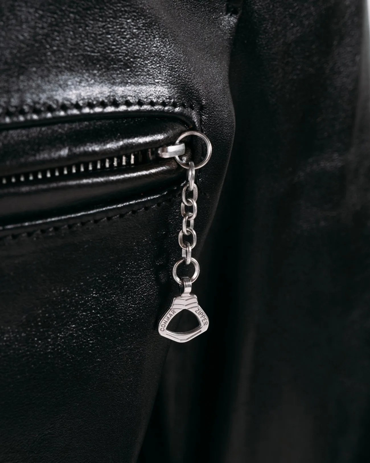 the pocket zipper on a black leather jacket