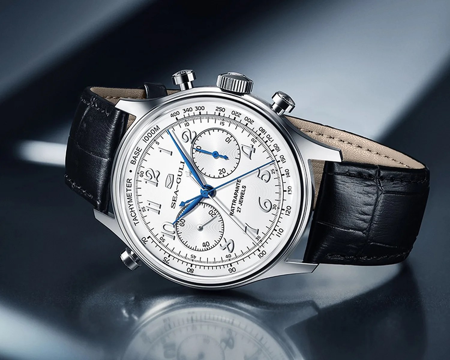 a seagull chronograph watch on its side