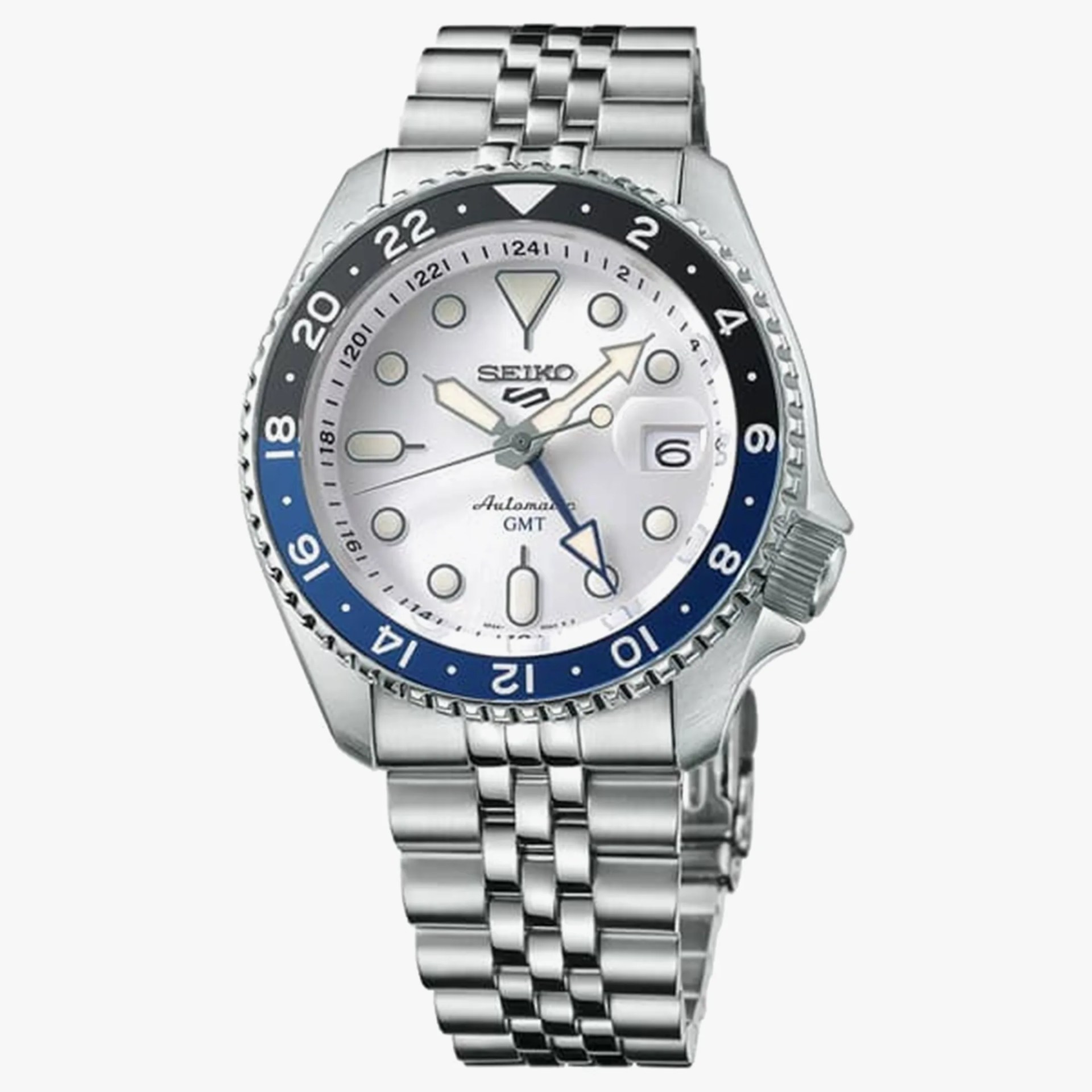 A steel watch with a white dial