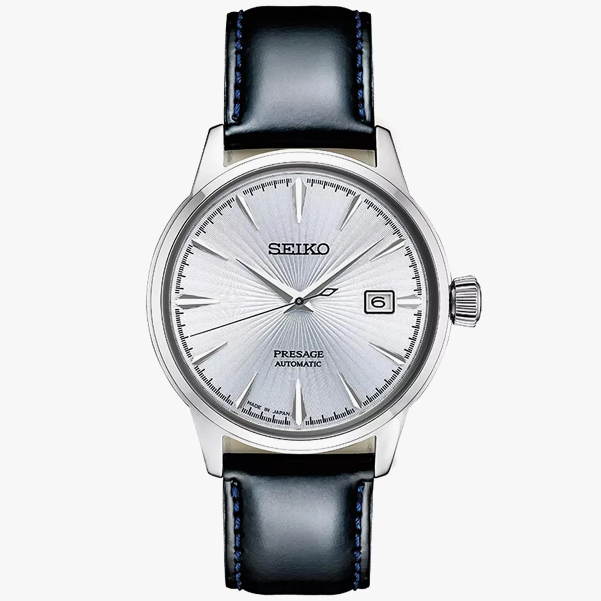 A silver watch with a black band