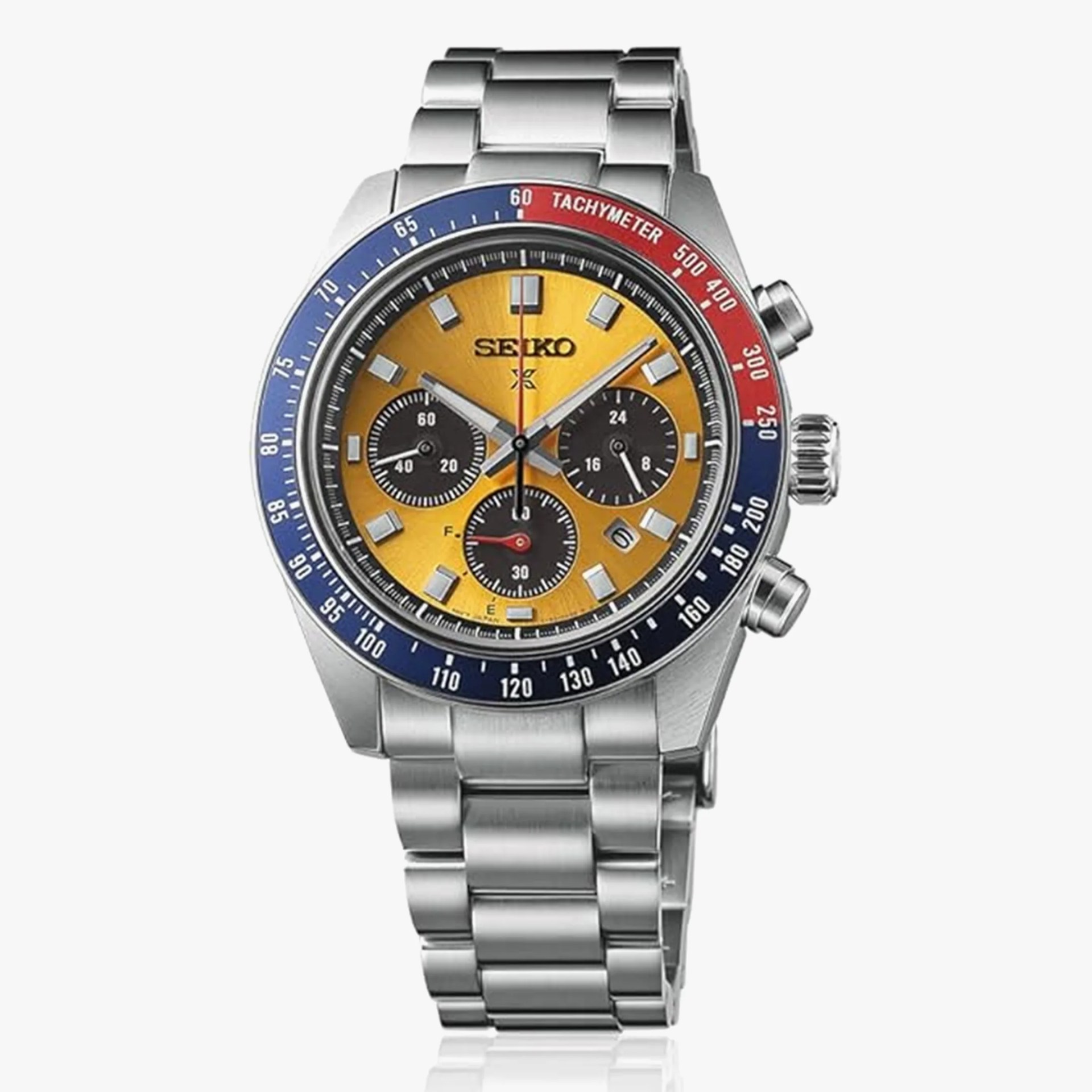 A chronograph watch with a yellow dial