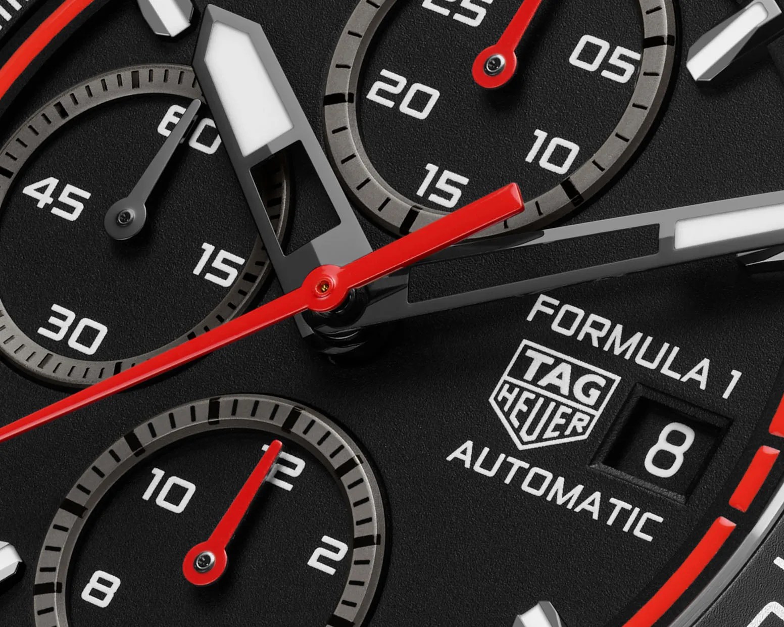 close up of a black and red watch dial