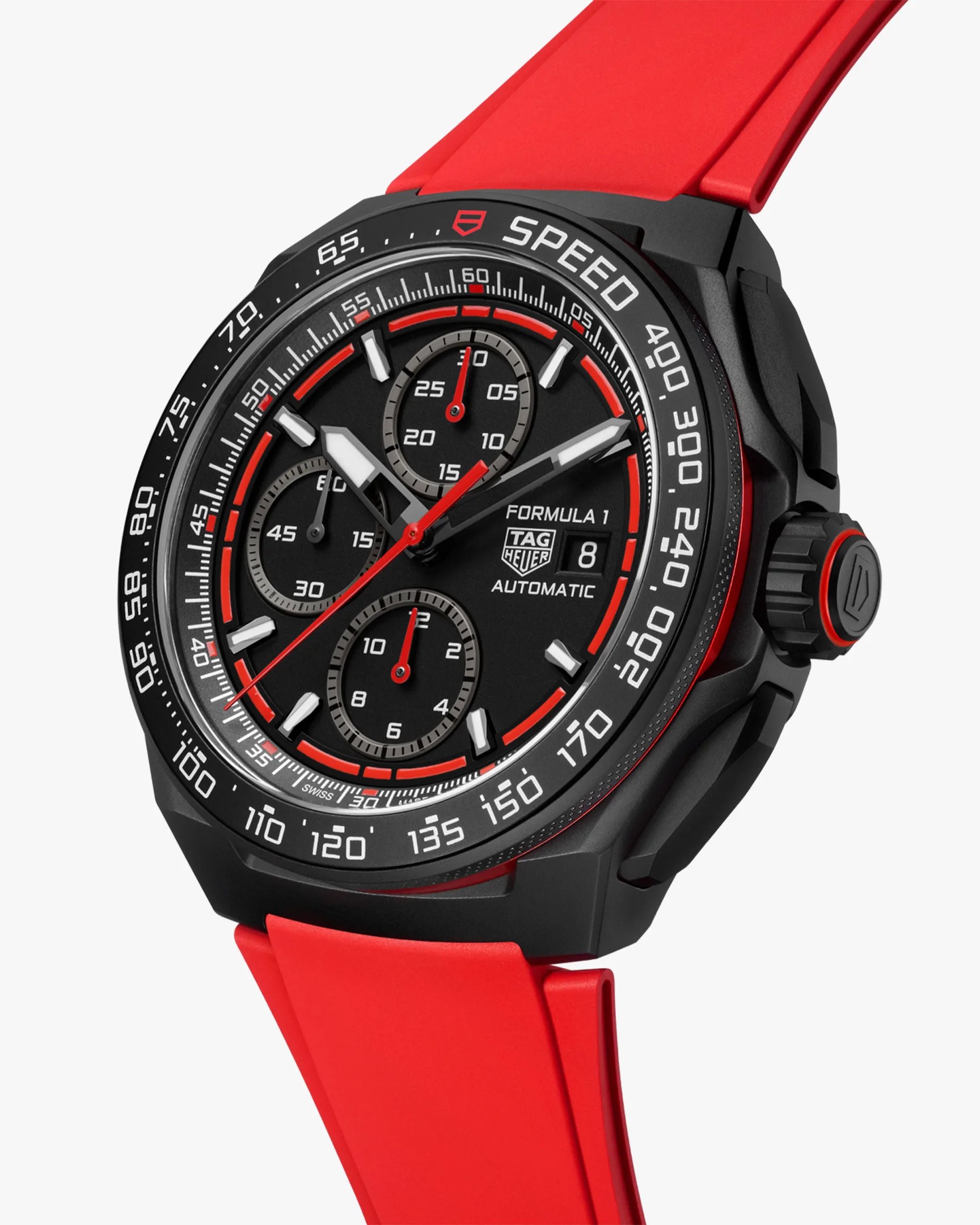 a black watch with a red band